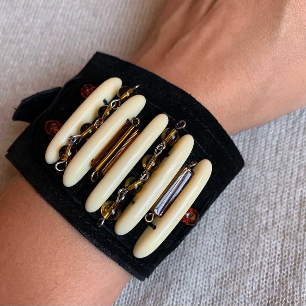 Hand crafted - Black Leather Cuff pearls bead metal pieces ajustable bracelet